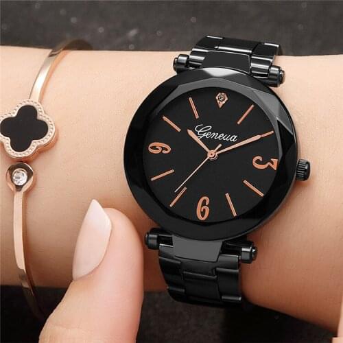 Geneva Womens Watches Top Brand Luxury Fashion Starry Sky Watch Black Stainless Steel Womens Watches Quartz Relogio Feminino