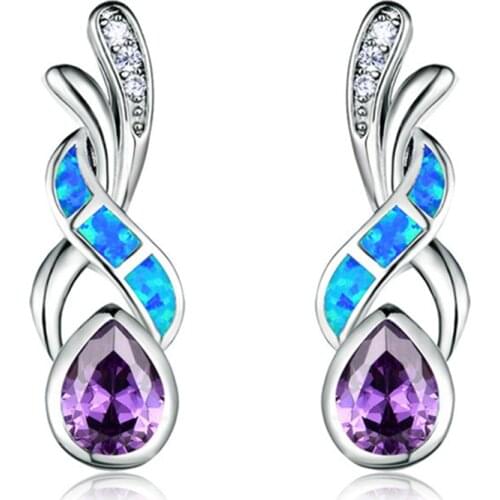 FDLK Boho Vintage Blue Imitation Fire Opal Stud Earrings Water Drop Purple Zircon Women Wedding Party Earrings Best Gift