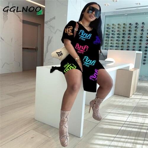 GGLNOO Women Casual Two Piecesuits Color English Printing Batwing Sleeve Shirt Top & Solid Skinny Short Set