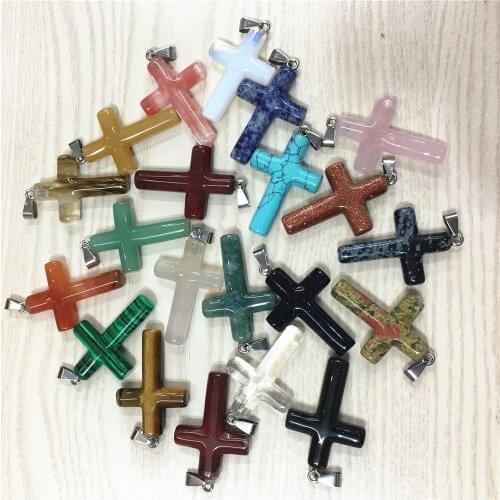 Hot Random Color Mixing Natural Turquoises Stone Cross Pendants Necklace Charms for Women Men Jewelry Making 6pcs Wholesale Lot