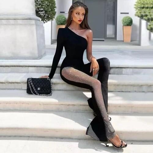 NEW Mesh Diamond Bling Jumpsuit Women Black Long Sleeved Diagonal Collar Black Wide Leg Flare Pants Sexy Jumpsuits High Quality