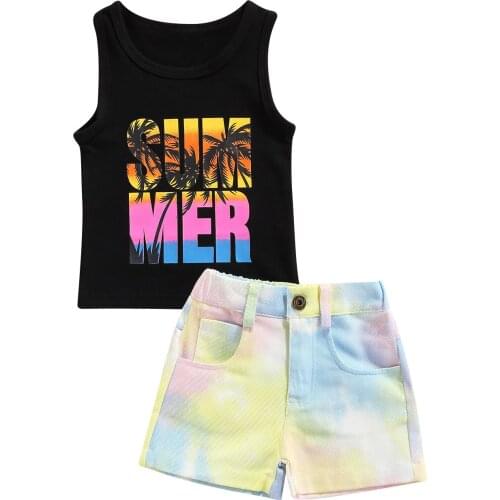 2Pcs Sweet Style Little Girls Outfit, Summer Letter Coconut Tree Printing Sleeveless Round Collar Vest + Colorful Denim Shorts