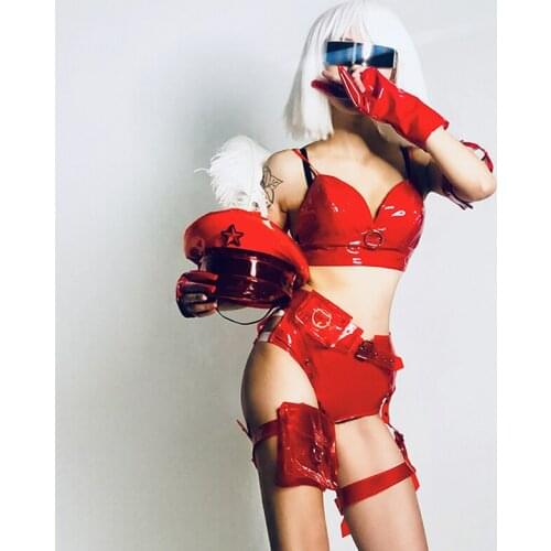 Red Pu Leather Dancer Stage Costume Outfit Women Sexy Festival Rave Clothing Party Bar Gogo Pole Dance Performance Wear VDB3953