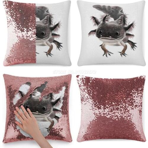 Happy Axolotl Sequin Pillowcase Throw Pillow Cover for Sofa 40X40cm Mermaid Animal Axolotl Amphibian Cute Adorable Pet Happy Smi