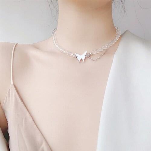 Titanium Steel Butterfly Necklace Female Trendy Cold Wind Transparent Round Bead Chain Necklace Set Engagement Jewelry Gift