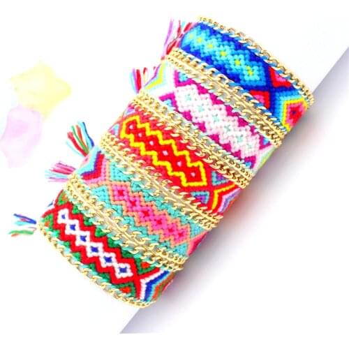 Handmade Macrame Knotted Woven Rasta Cotton Hippy Boho Friendship Bracelet with gold chain along the side for women