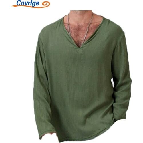 Covrlge Mens Linen Shirts New Loose V-neck Casual Versatile Comfortable Shirt Breathable Long Sleeve Daily Clothing MTL135