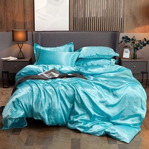 Svetanya Cyan Silky Linens Flat Sheet Fitted Sheet Duvet Cover Artificial Silk Bedding Set Solid Color Twin Double Size