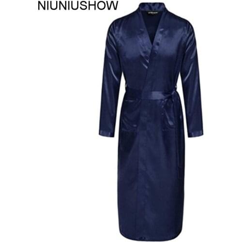 Navy Blue Chinese Men Silk Rayon Robe Summer Casual Sleepwear V-Neck Kimono Yukata Bath Gown Size S M L XL XXL