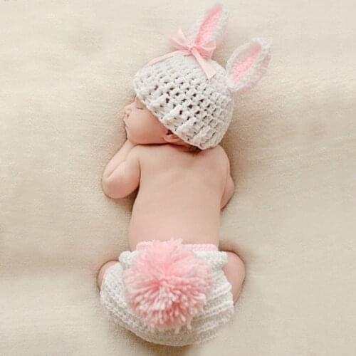 New Arrival Baby Girl Crochet Photography Props Costumes Infant Hat And Pants Clothing 2pc Set Soft Rabbit Photo Accessories