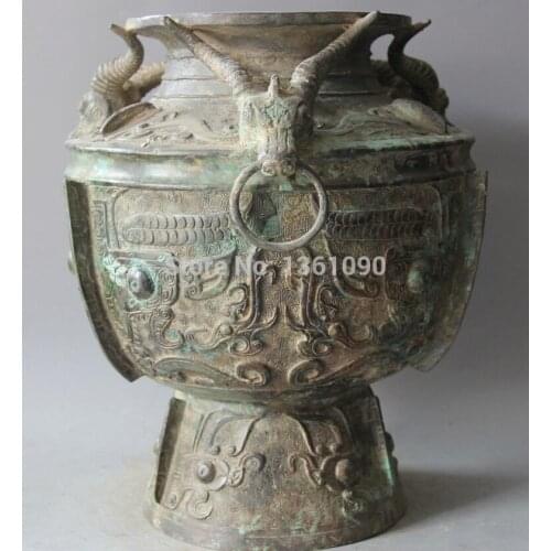 Xd 00413 15" Archaic Chinese Dynasty Bronze Sheep Wine Ware Vessel Vase Pot Jar Crock
