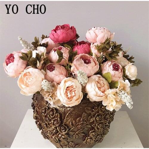 YO CHO 13 Bunch/Bouquet Artificial Peony flowers Fake Silk Rose Peonies For Home Party decor Bridal Wedding Decoration wreath