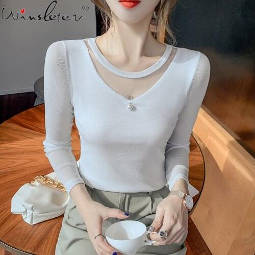 Spring Autumn 2021 T-shirt Women Mesh Patchwork Pearl Slim Waist Stretchy Casual Tops Tees Long Sleeve T18203A