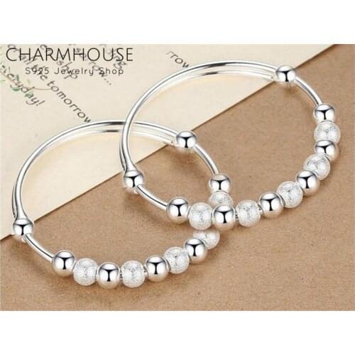 Pure Silver 925 Bangles For Women Buddha Beads Round Cuff Bangles Wristband Pulseira Femme Wedding Bridal Jewelry Bijoux G