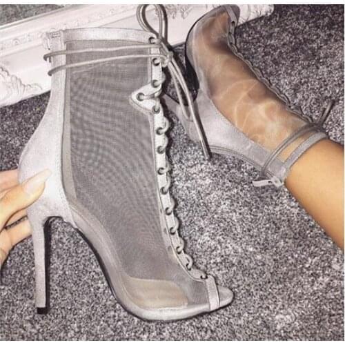 Dipsloot New Summer Black Gray Mesh Peep Toe Cross Lace Up Short Ankle Boots Woman Thin Heels Sexy Booties Shoes Big Size 46