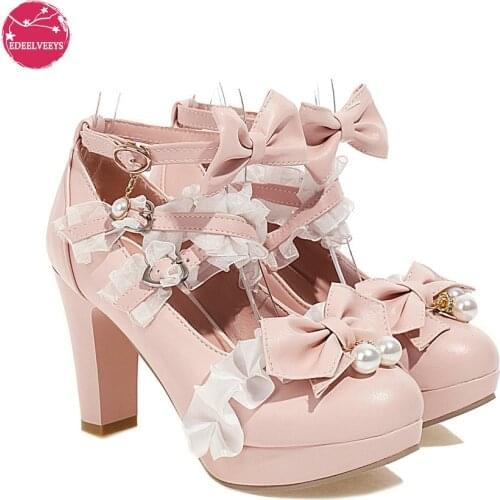 Ankle Strap Women Shoes Platform Extreme High Heels Bow Buckle Thick Heel Pumps Cospaly Lolita Style Lace Pearl Footwear Female