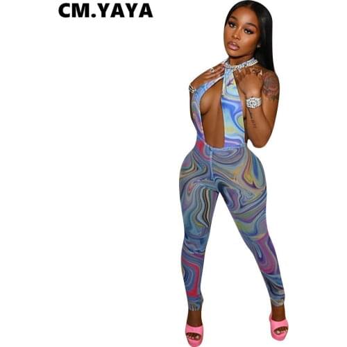 CM.YAYA Women Jumpsuit Print Sleeveless Halter Hollow Out Strechy Bodycon Jumpsuits Sexy Night Club Party Outfit Summer Fashion