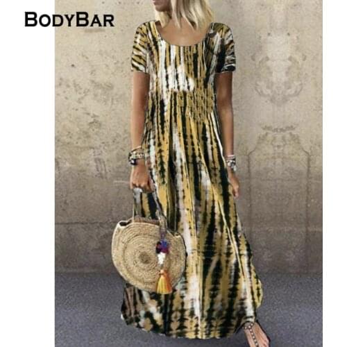 2021 Boho Tie Dye Print Maxi Dresses Short Sleeve Summer Ladies Dress O-Neck Elegant Oversized Dresses Daliy Party Dress Vestido