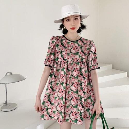 2021 Summer Elegant Vintage Round Neck Short Sleeve Floral Dress Women Bow Lace-Up Loose Casual Sweet Temperament Dress