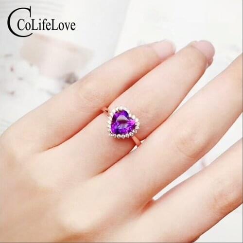 CoLife Jewelry heart cut amethyst silver ring for engagement 0.8ct natural amethyst 925 sterling silver gem ring free gift box