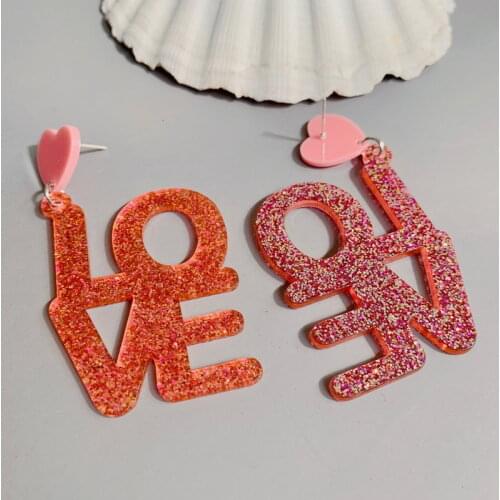 ZiccoWong New Arrival Exaggerate Letter LOVE Long Drop Earring For Women Girl Glitter Acrylic Creative Big Dangle Earring Gift