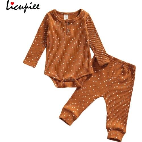0-18 Months Dot Baby Kdis Sets Baby Girls Ribbed Clothes Set, Polka Dot Print Long Sleeve O-neck Romper+elastic Waist Trousers