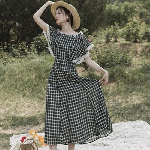 French Literary Vintage Dress Women 2021 New Summer Ruffled Round Neck Sweet Elegant Fashion Chic Ruffled Checked Niche Dress