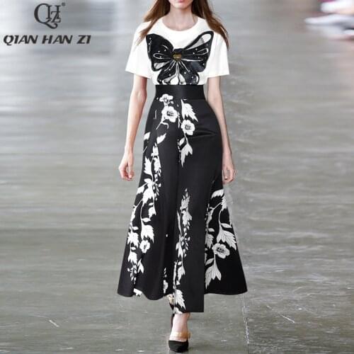 Qian Han Zi O-Neck Short Sleeve Beaded Loose T-shirt Top Waist Flare Pants Fashion Print Set 2021 Summer New 2-piece set