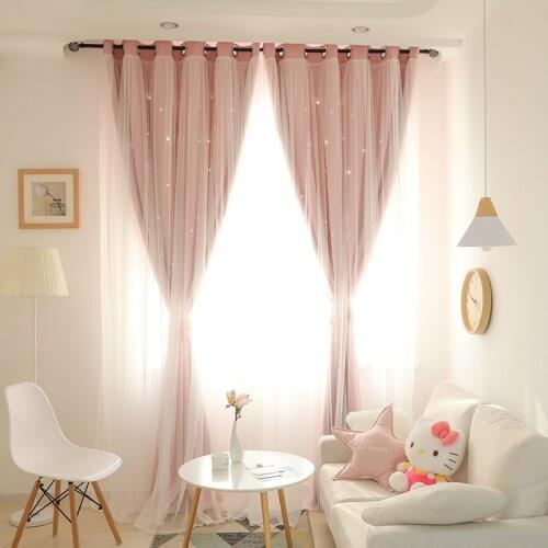 Korean Pink Hollow Stars Princess Curtains for Living Room white Lace Curtain for Bedroom girl room window