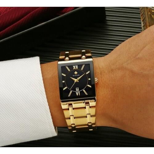 WWOOR Men Square Watches 2021 Luxury Gold Black Quartz Wristwatch For Man Full Steel Waterproof Automatic Date Relogio Masculino