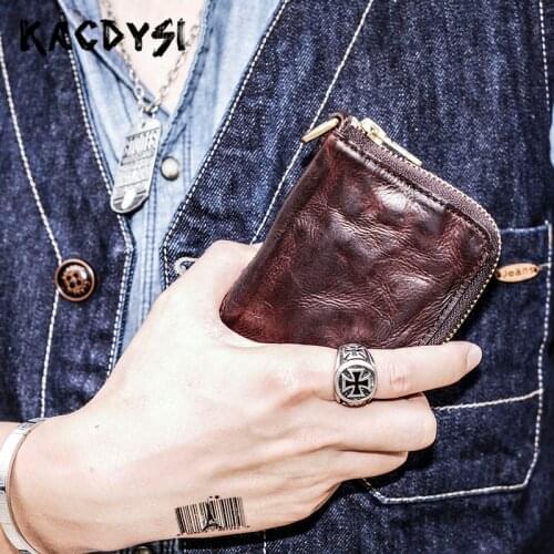 Original Retro Mens Wallets Zipper Real Leather Short Purse Small Wallet Leather High Quality Male Money Clip Coin Bag Card Case