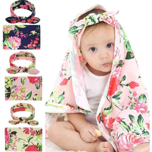 Newborn Baby Swaddle Blanket with Bunny Ear Headband Infant Floral peony flower wrap Blankets cloth Bed Sheet Hairband Set BHB43