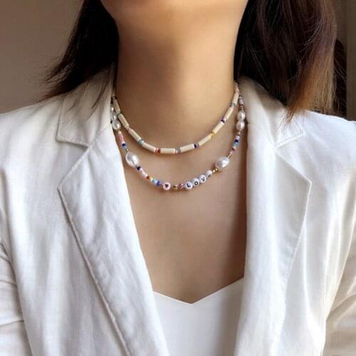 2021 New Pottery Clay Bohemian Beaded Necklaces For Women Fashion Freshwater Pearl Heart Letter Choker Necklace Jewelry Summer