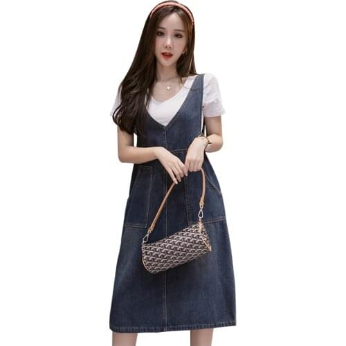 2021 Spring/Summer New Korean Plus Size Spaghetti Strap Denim Dress Ladies Vintage Casual Sleeveless Loose Jeans Dresses Femme