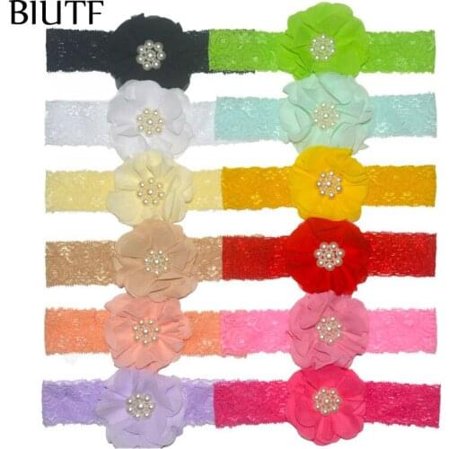 24pcs/lot Elastic Soft Lace Headband with 3 inch Pearl Chiffon Flower Girl Handmade Eco-friendly Boutique Headwear HB041