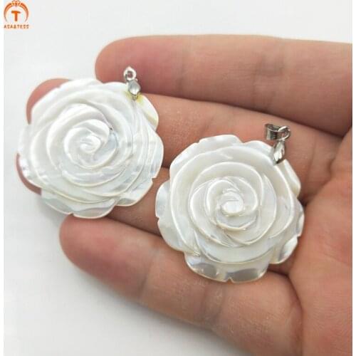 3Pcs Natural Handmade Carved Cream Nobility White Rose Shape Shell Flower Silver Pendant For Women Necklace Jewelry Finding