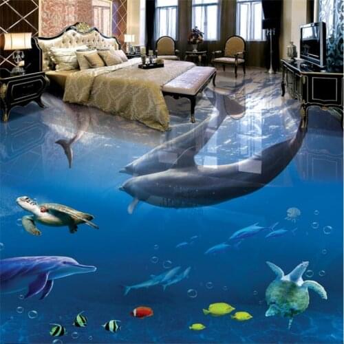 Beibehang Custom Photo 3D Wearable PVC Flooring Dolphin Underwater World 3D Stereo Bathroom Living Room Floor Tile Painting