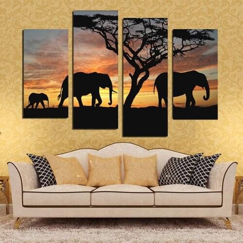 4 Pieces of Sunset Elephant Pictures on Canvas HD Retro Posters Printed on The Wall, Living Room Home Decoration Without Frame