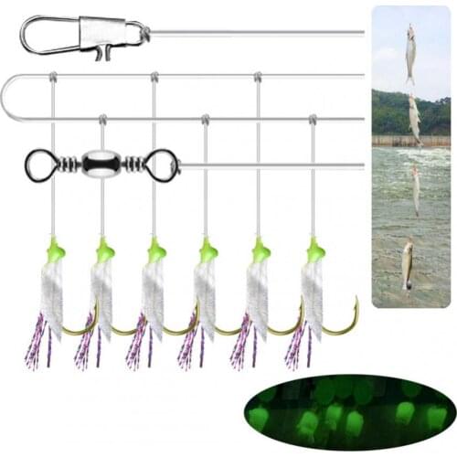 6 In 1 Luminous Fish Skin Fishy Sabiki Soft Fishing Lures Hook 8# 10# 12# 15# 18# Fishing String Hook During Dark Night