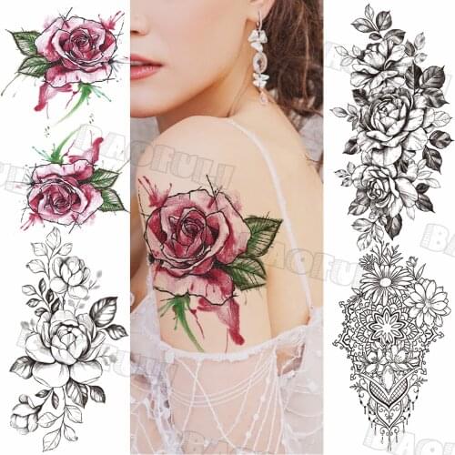 Watercolor Rose Flower Sexy Temporary Tattoos For Women Adult Peony Daisy Pendant Realistic Fake Tattoo Arm Disposable Tatoos