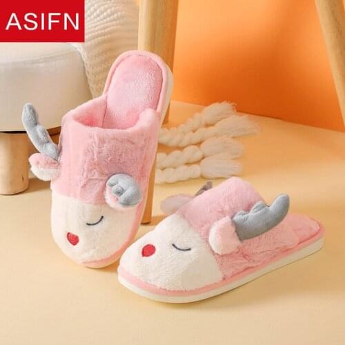 ASIFN Cute Cartoon Cotton Slippers with Fur Women Winter Indoor Warmth Cute Deer Home Fluffy Men Flock Slippers Women Shoes