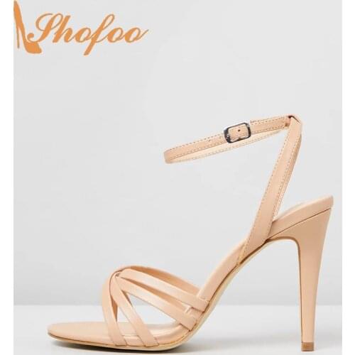 Nude Stilettos High Thin Heels Women Sandals Open Toe Ankle Strap Buckle Large Size 15 16 Ladies Fashion New Mature Shoes Shofoo