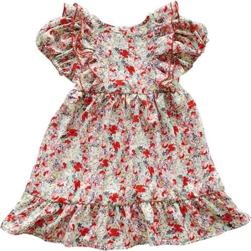 Flora Print Girl Dress Cotton Kids Clothes Fashion Baby Outfits 2 Designs Available Ribbon Girl Print Dresses