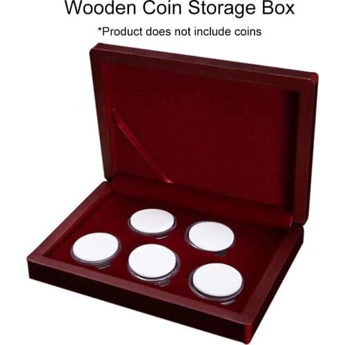 Wooden Coin Cases Display Box Storage Boxes Capsules Holder 5 Capacity Coin Collection Box Round Coin Protection Holders Clear