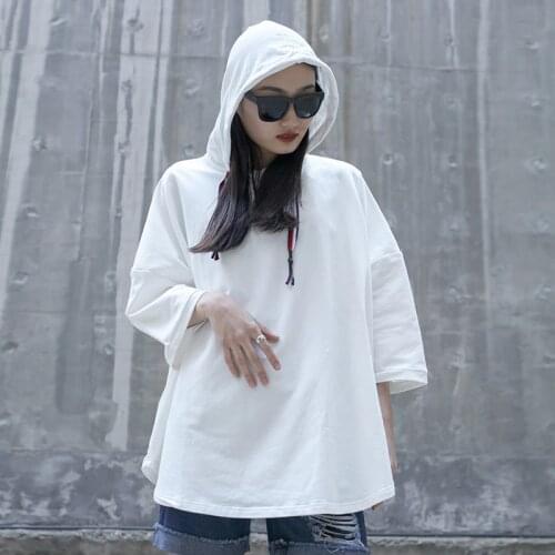 Big size bat sleeve 5 / 6 sleeve loose solid color hooded summer womens versatile T-shirt dark style Japanese style