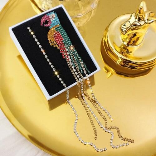 FYUAN Long Tassel Crystal Asymmetry Earrings Colorful Parrot Drop Earrings for Women Wedding Fashion Jewelry Gifts
