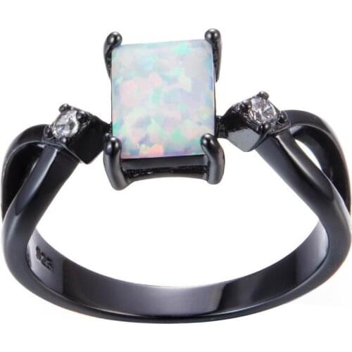 Lady Fashion Rectangle Faux Opal Rhinestone Inlaid Hollow Band Ring Jewelry Gift