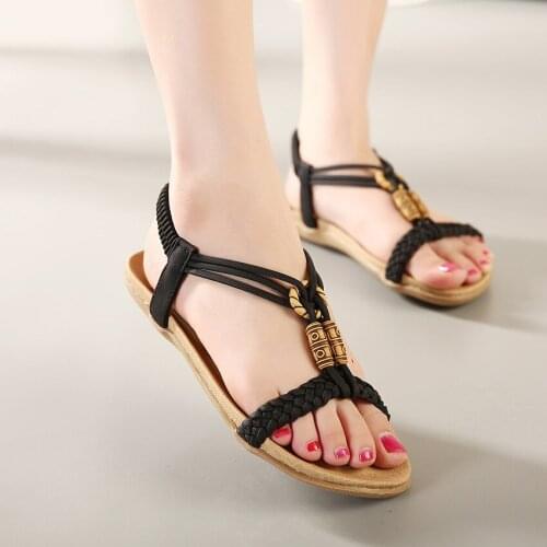 Summer 2021 Sandals Female Bohemian Beach Woven Simple Retro Beaded Large Size Flat Shoes