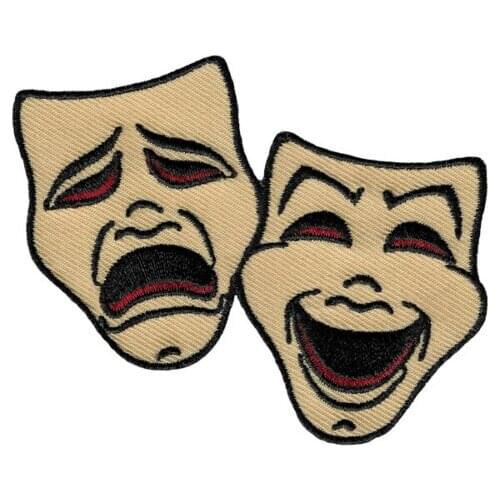 Hot! COMEDY TRAGEDY MASKS iron-on PATCH new EMBROIDERED DRAMA THEATRE ACTING EMBLEM (Size is about 7.5-6.2 cm)