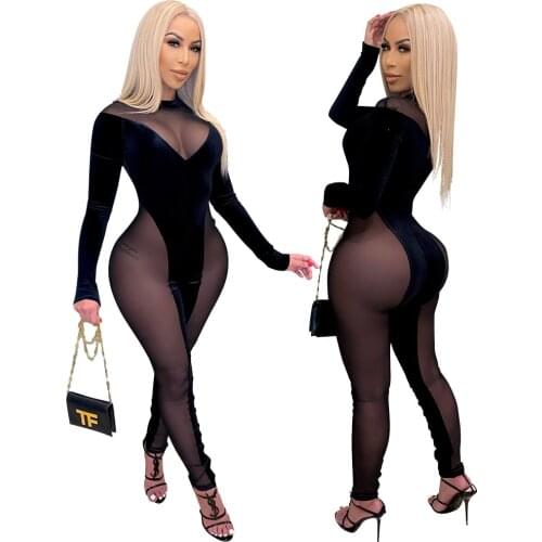 Nightclub Bodysuit See Through Velour Mesh Sexy Jumpsuit For Women Spring Autumn Long Sleeve Black Romper Playsuits Clubwear